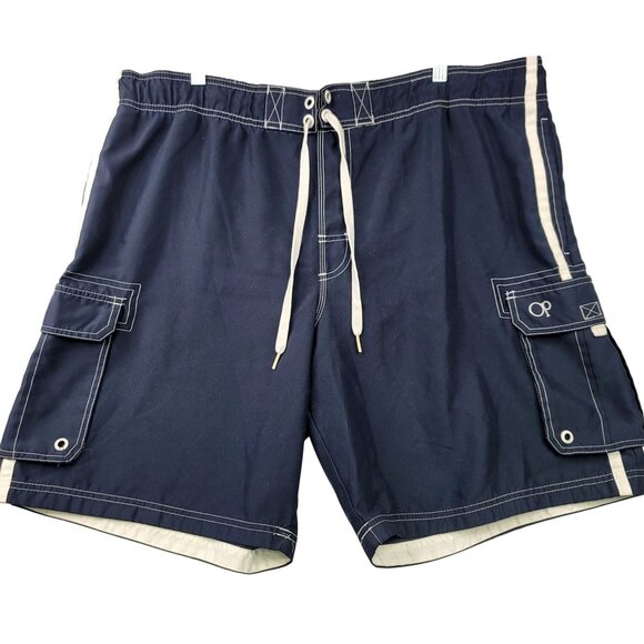 Op Mens Dark Navy Cargo Swim Trunks XL Drawstring Waist Pockets - Picture 1 of 8